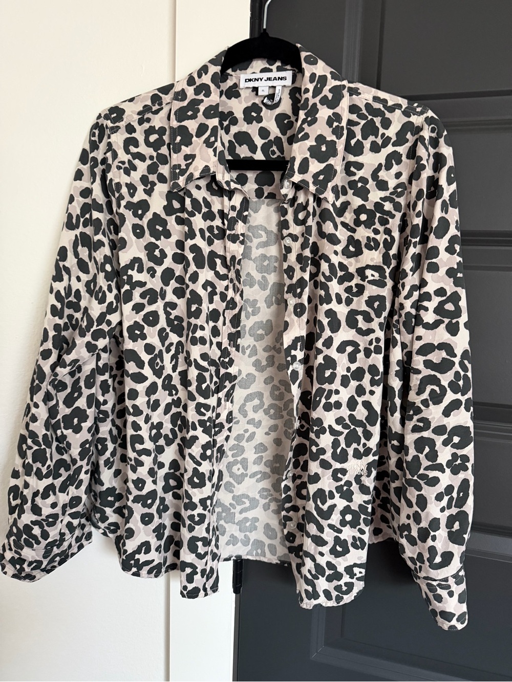 Dkny Beige and Black Leopard Button-Down Shirt